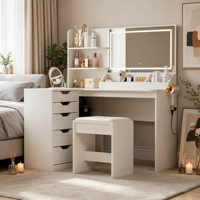 Table de maquillage moderne blanche avec miroir à lumière LED, 5 tiroirs et étagères de rangement, assemblée pour une utilisation dans la chambre à coucher et la salle de bain