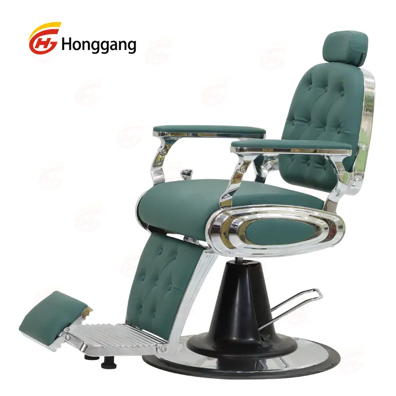 Hoge Kwaliteit Moderne Metalen Onderdelen Frame Professionele Hydraulische Pomp Liggend Mannen Kapsalon Vintage Groene Kappersstoel