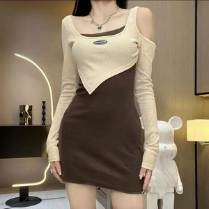 Women's Knitted Bodysuit Color Blocking Splicing Stretch Slim Fit Short Dress Irregular Faux Two Piece Style - Product Image 1