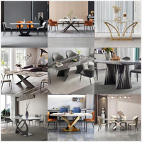 Ensemble de table à manger moderne de luxe 8 places, structure en acier inoxydable doré, plateau en marbre, meubles de salle à manger
