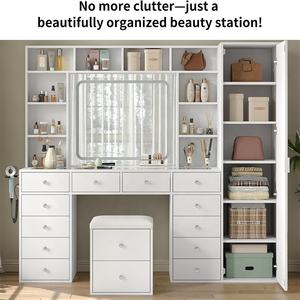 Table de maquillage moderne Cavio de grande capacité en bois massif avec miroir éclairé 3 couleurs et plateau en verre, bureau de toilette à aménagement flexible - Product Image 4