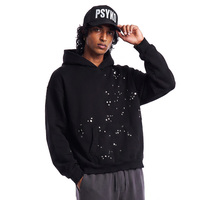 SS263110 Sweat à capuche court et ample pour homme, 400 GSM, en molleton bouclette, avec clous métalliques, ourlet côtelé vieilli, impression DTG personnalisée