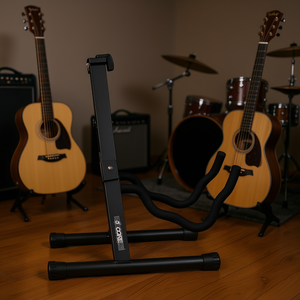 Soporte de guitarra doble portátil de 5 piezas, de acero resistente, color negro mate, ajustable, para guitarra acústica, eléctrica y bajo. - Product Image 2