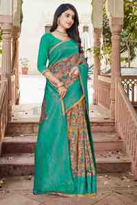 Traditional <b>Green</b> <b>Silk</b> Saree With Floral Print And Golden Border For Wedding And Festival Wear Women - Product Image 6