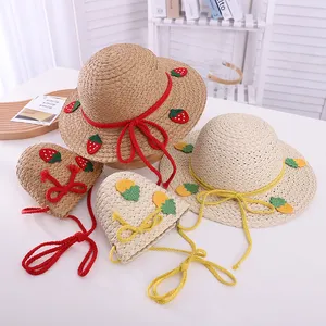 Kids Strawberry Soft Cute Beach Straw Hat Summer Straw Children Hats And Bag Set Straw Hat