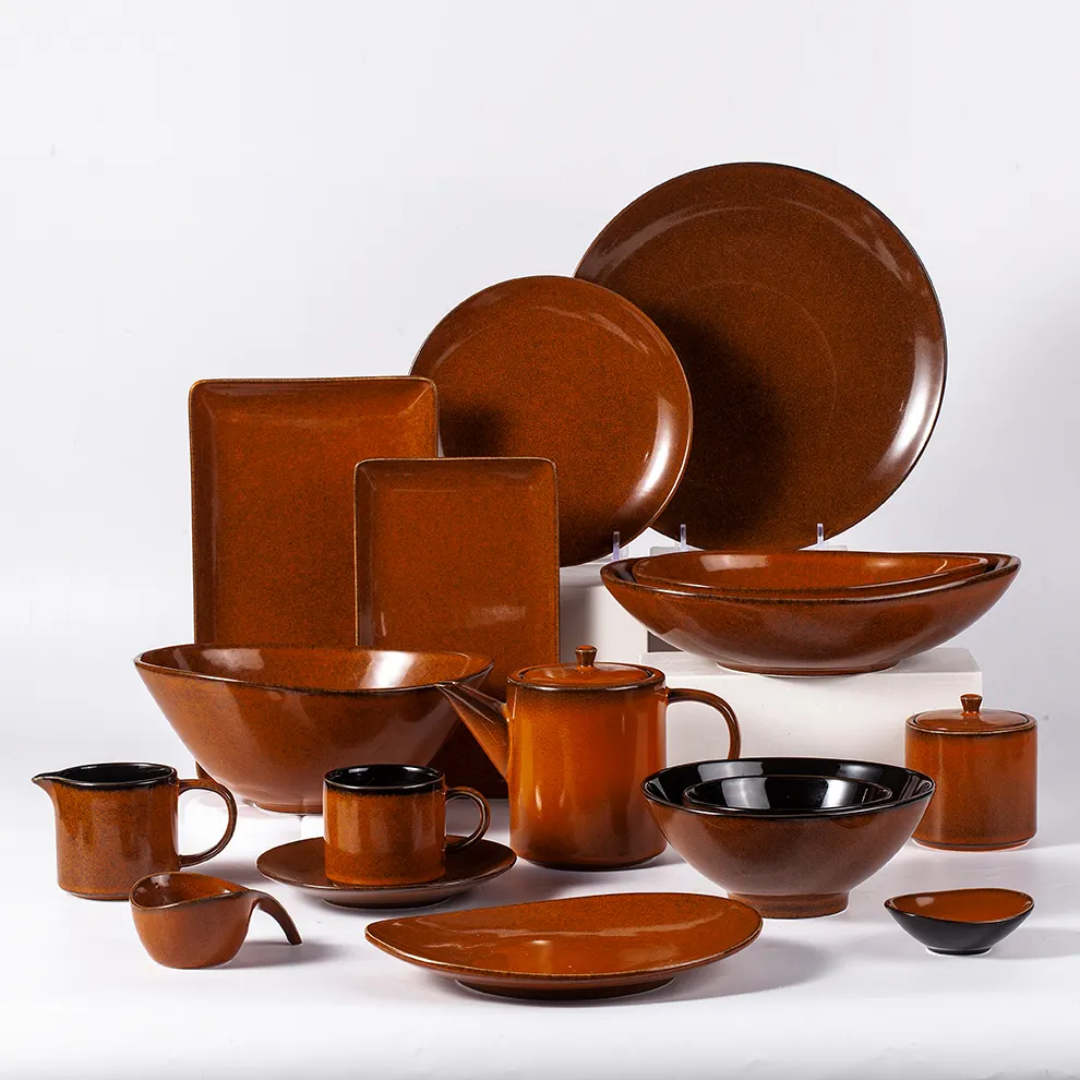 Sản Phẩm Mới Màu Men Gốm Bộ Đồ Ăn Đặt Tấm Bowls Mugs Sứ Orange Dinner Set Đối Với Trang Chủ