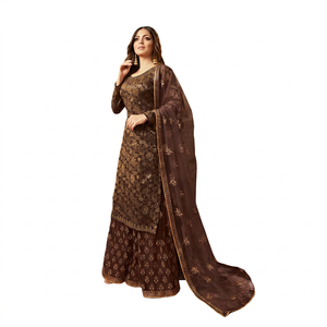 Ensemble Salwar Kameez 3 pièces pour femme, en soie jacquard lourde et georgette, avec broderies et manches longues, design Kurta. - Product Image 1
