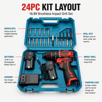 Perceuse à percussion sans balais 16,8 V, couple de 50 Nm, moteur 4820, kit 24 pièces, rouge et noir