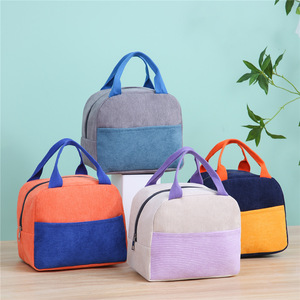 Corduroy Insulated <b>Lunch</b> <b>Bag</b> Color Blocked Thickened Waterproof <b>Tote</b> For Work School Travel Outdoor Camping - Product Image 5