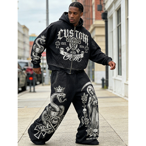 Rhinestones Digital Printing Worn Out OEM Custom Print Vintage 400 GSM Heavyweight Boxy Oversized Men's Hoodie Two-piece Set - Product Image 2