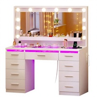 Grand miroir de coiffeuse moderne en bois avec éclairage LED 3 couleurs, plateau en verre transparent, 9 tiroirs, étagère ouverte et prise de courant pour chambre à coucher (pour femmes)