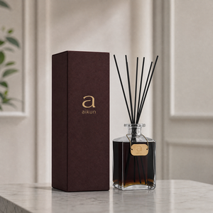 Aikun 950ml Square Clear Glass <b>Bottle</b> Dark Liquid Black Fiber <b>Reed</b> <b>Diffuser</b> with Brown Paper Gift Box for Home Hotel Decor - Product Image 1