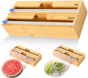 2 in 1 Bamboo Plastic Wrap Dispenser with Slide Cutter ,Foil and Plastic Wrap Organizer