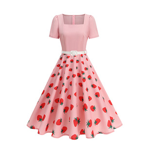 Abito Vintage da Donna con Colletto Quadrato, Elegante Stile Hepburn, Stampa Floreale a Pois, con Cintura, Lunghezza <span class=keywords><strong>Midi</strong></span> per l'Estate e il Tempo Libero - Product Image 5