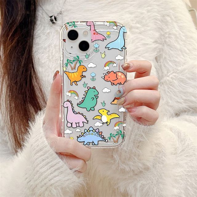 Cute Cartoon Dinosaur Shockproof TPU Phone Case for 7-Transparent Fine Holes Design with Phone Grip Included (Ins)