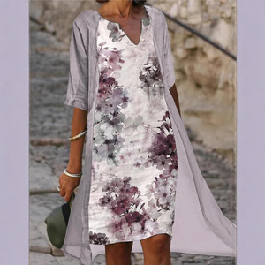 Robe midi ample en lin imprimé, col en V, motif floral, respirante, tenue décontractée - Product Image 3