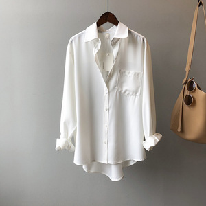 Latest Design <b>Satin</b> Turn Down Collar Button up Office Daily Wear Women <b>Blouses</b> and Shirts Fashion - Product Image 2