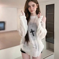 Schicker schulterfreier Distressed-Strickpullover – Oversized, transparent & trendig für Herbst/Winter Streetwear