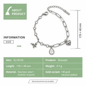 สร้อยข้อมือรูปผีเสื้อและหัวใจ สแตนเลสประดับมุกสีขาว สีทองและสีเงิน - Product Image 4