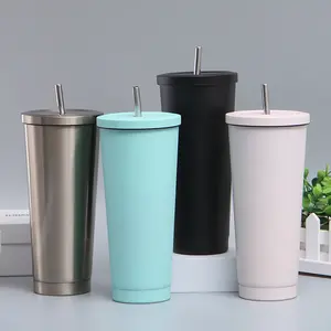 Double wall custom logo insulated vacuum Cup 700ml 500ml stainless steel straw cup tumbler with matel straw