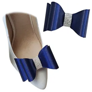 Custom Dark Blue Bow Shoe Clips Detachable Women Shoe Buckle Rhinestone Shoe Accessories Decoration