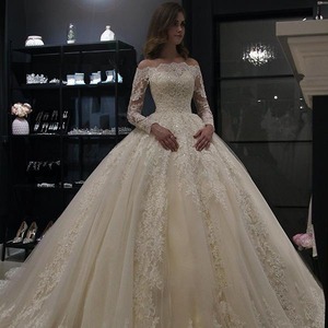 Off The Shoulder Wedding Dress Champagne Color Ball Gown Princess Waistline Vintage Style Lace Applique Long Sleeve - Product Image 1