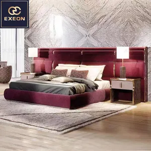 Italian Luxury Velvet Imported Premium Linen Wine Red Queen Bed Modern Villa Interior Bedroom Double Bed