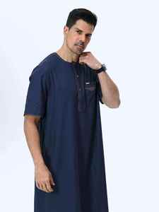 Thobe en coton bleu marine pour homme, manches courtes, longueur cheville, col rond, tenue décontractée quotidienne, robe de prière modeste, respirante - Product Image 3