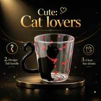 Tasse à café en verre transparent à pois rouges avec poignée queue de chat noir, mignonne tasse à boire pour les amoureux des chats, idéale pour le petit-déjeuner et le lait à la maison