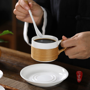 Bamboo Woven Ceramic Coffee Cup With Saucer Handmade Porcelain Beverage Cup For Afternoon Tea - Product Image 4