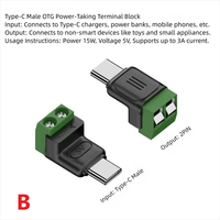 Adaptador de terminal sin soldadura Micro USB C a 2 pines, tipo C a terminal de crimpado de 2 pines, bloque de terminales de tornillo verde, conector de carga de 5V
