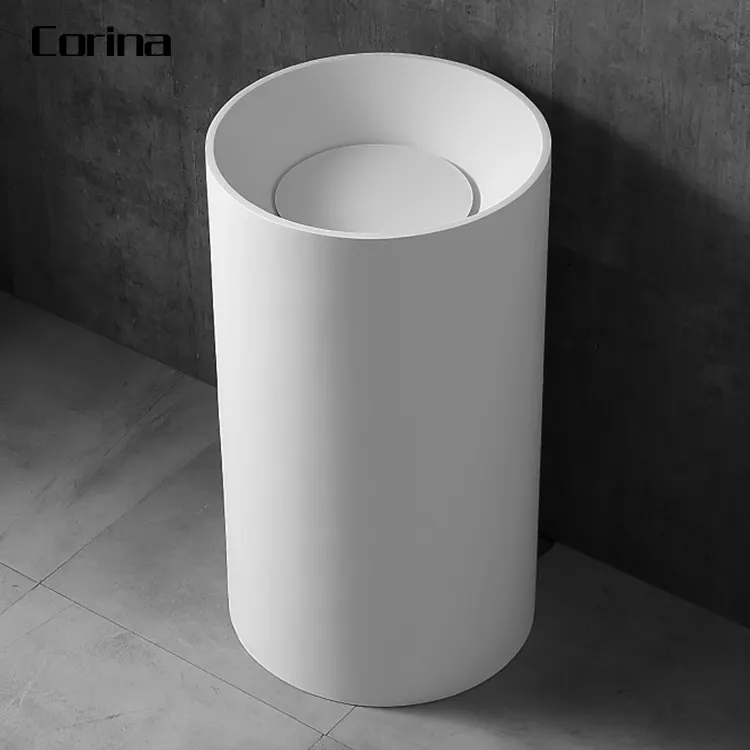 Popular design Bathroom hand wash sink round Pedestal sink Solid Surface Free Standing Wash Basin
