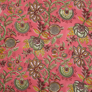 Thulian Rose Fougère Vert Toscan Jaune Indien Floral Main Bloc Imprimé 100% Pur Coton Tissu Tissu Par La Cour - Product Image 1