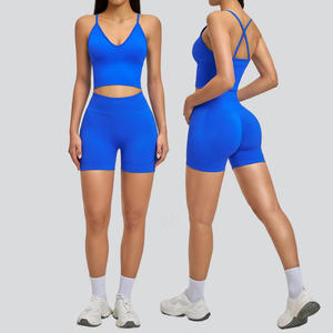 Nuevo Conjunto Deportivo de Alta Calidad para Mujer, Top Deportivo sin Costuras con Cuello en V, Pantalones Cortos de Gimnasio, Conjunto de Yoga de 2 Piezas con Efecto Push-Up - Product Image 3