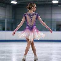 Robe de patinage et de danse dégradé violet, rose et blanc, en maille à manches longues, ornée de strass et de perles, pour enfants et adultes, pour compétition et spectacle