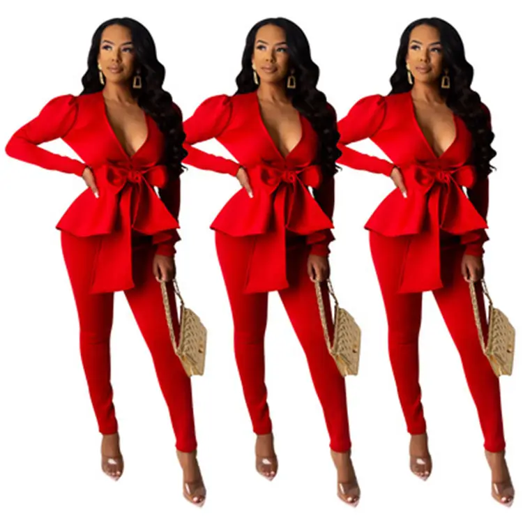 Hot selling high quality women solid color fashion with waistband outfits long sleeve blazers and pants two piece office set