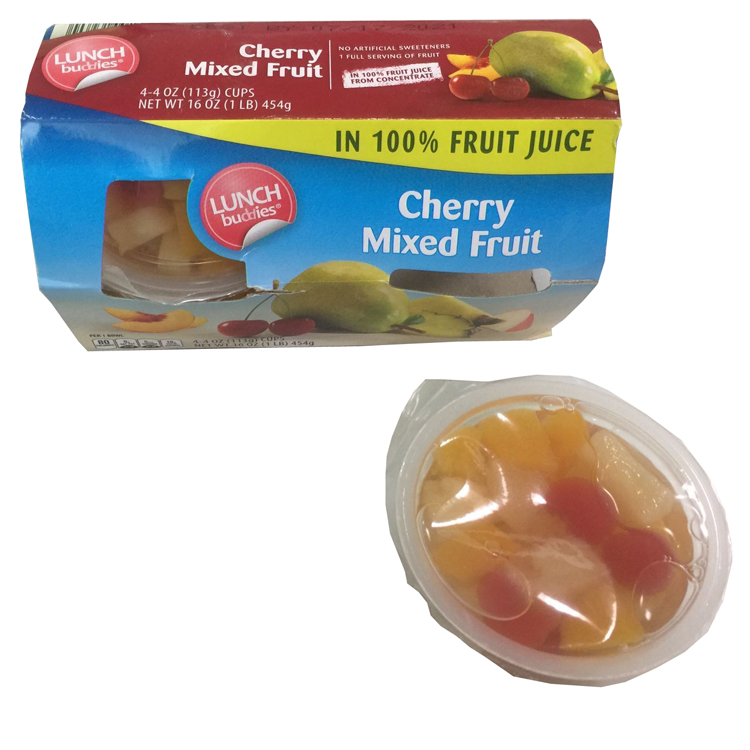 Fruit cups in juice fresh cherry peach grape pineapple pear mixed fruits in syrup