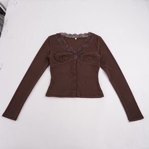 Top de Punto con Cuello en V y Botones Delanteros, con Encaje y Parches, Elegante, Ajustado a la Cintura, de Manga Larga, para Otoño e Invierno - Product Image 6