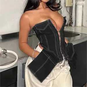 Designer Black Off Shoulder Sexy Y2k Denim Vest Women's Irregular Retro Single Breasted Hollow Splicing Backless Denim Corset