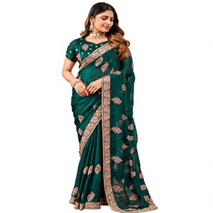 Vexotrend India Pakistan Premium Velvet Satin Traditional <b>Saree</b> for Women Embroidery Swarovski Wrinkle-Free Quick-Dry - Product Image 1
