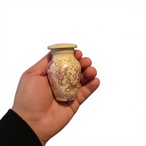 <b>Decorative</b> Traditional <b>Pink</b> Floral Pattern Ceramic Mini Jar Urn Round Tabletop Vase with Lid - Product Image 1