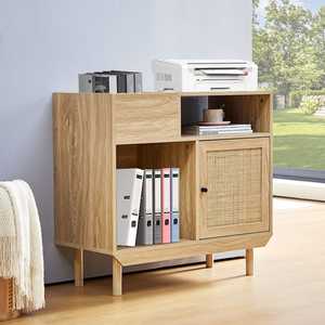 AJUNION Support de tourne-disque <span class=keywords><strong>vintage</strong></span> Table de rangement en bois pour disques vinyles avec porte en rotin - Product Image 5