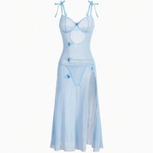 欧美纯欲望风格性感透视网眼高狭缝无背浅色女性性感吊带裙 - Product Image 6