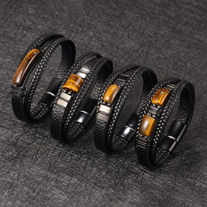 MIENTER <strong>Leather</strong> Bracelet Fashion Luxury Stainless Steel Tiger Eye Bracelets - Product Image 5