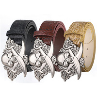 Ceinture Western Personnalisée JULUN en Similicuir pour Homme, Boucle Ornée Tête de Mort et Poignard en Argent Vieilli, Style Punk Gothique pour Jeans