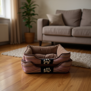 Cama Cuadrada para Mascotas de Terciopelo de Algodón a Rayas, Cómoda y Hueca, en Rojo y Marrón con Diseño a Rayas - Product Image 3