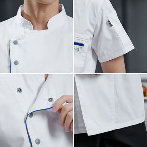 Uniforme de chef unisex, tela de sarga, poliéster/algodón, abrigo y camisa de manga corta con logotipo para el personal del restaurante - Product Image 5