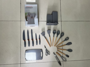 Ensemble d'ustensiles de cuisine en silicone de 19 pièces, ensemble de couteaux combinés, tube de rangement, paille de blé, couleur, support de rangement pour porte-couteaux