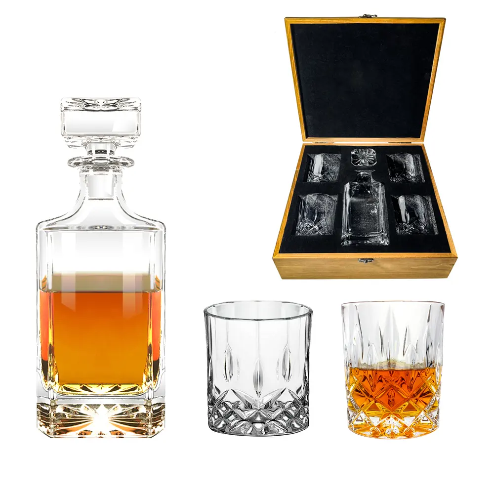 Black Friday wholesale custom brand square 750ml whiskey decanter set with 4 whiskey glass for business gift retirement gift