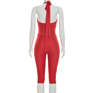 Viviblook Y26ST219 Women Summer <b>Set</b> <b>Sexy</b> Sleeveless Halter Lace Up Backless Tank Top Solid Color Cropped Pants Two Pieces <b>Set</b> - Product Image 4